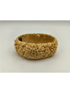 Vintage Carved Celluloid Floral Bangle Bracelet With Hinged Clasp